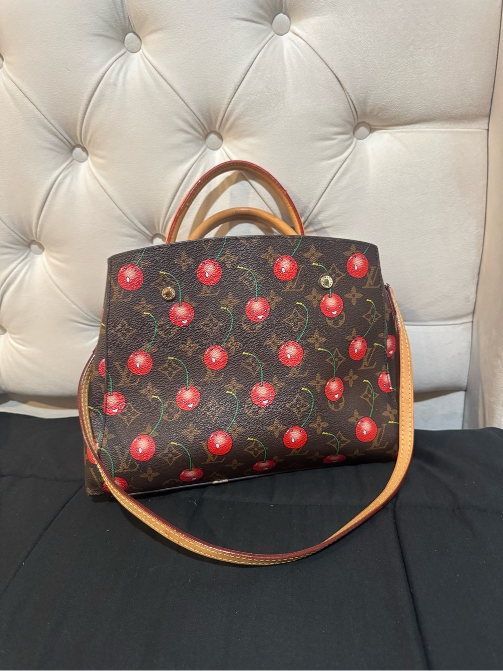 Designer Monogram Cherry Print Satchel in Brown and Red